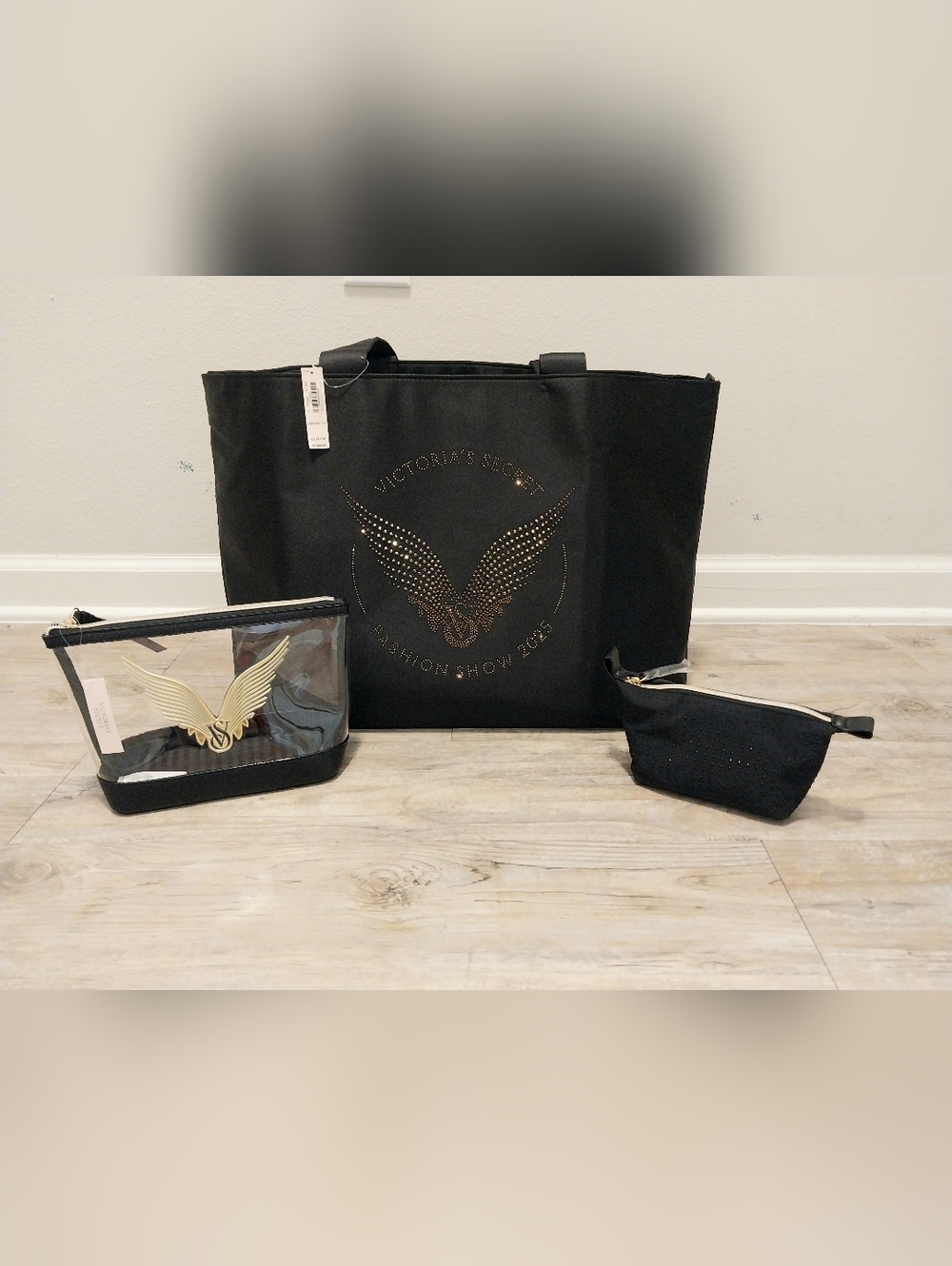 Victoria's Secret Black Tote with Gold Rhinestone Wing Emblem